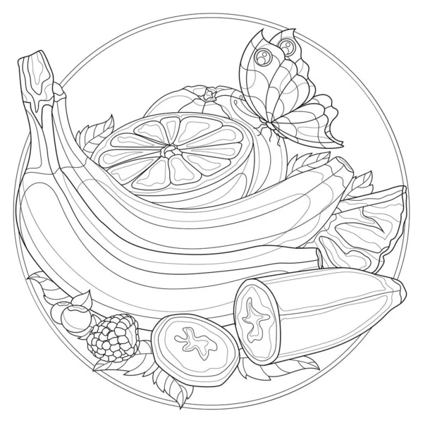 Fruta Com Borboleta Bananas Laranja Framboesas Abacaxi Mirtilos Hortelã Ilustração —  Vetores de Stock