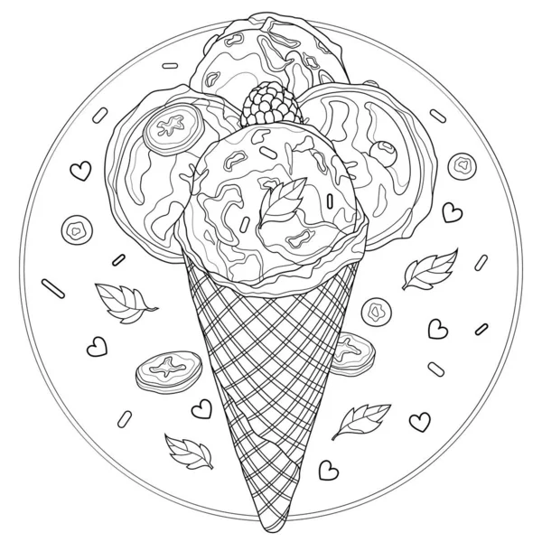 Delicioso Helado Con Plátano Frambuesas Arándanos Menta Dulces Libro Para — Vector de stock