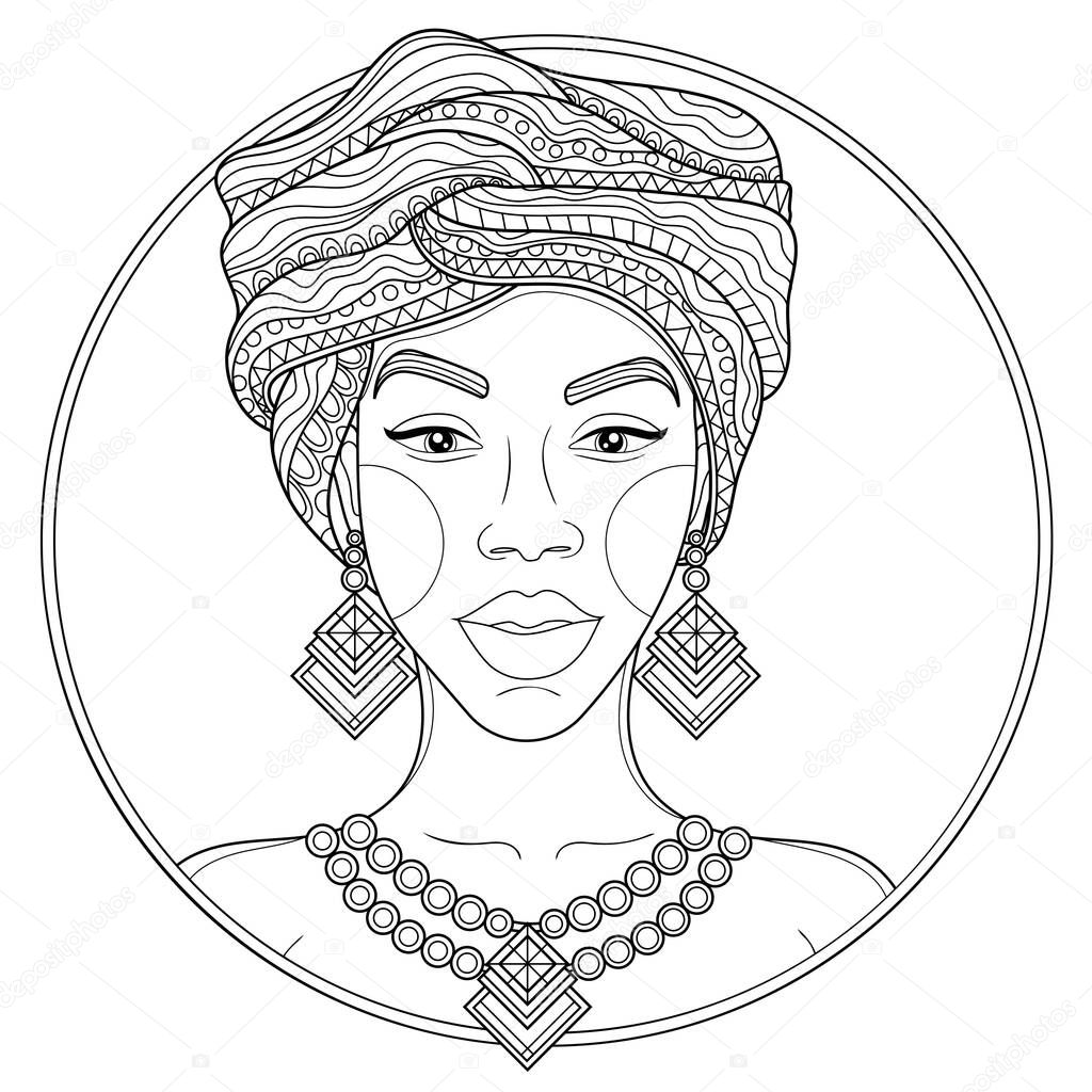 African girl in a turban. Coloring book antistress for children and adults. Illustration isolated on white background.Zen-tangle style. Black and white drawing