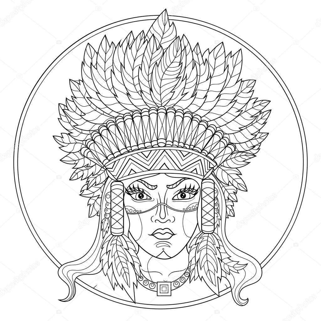 Native american indian girl.Coloring book antistress for children and adults. Illustration isolated on white background.Zen-tangle style. Black and white drawing