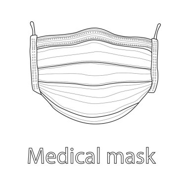 Tıbbi maske. Virüs ve pandemik koruma. Çizgi biçiminde siyah ve beyaz çizim.