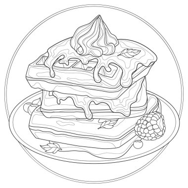 Kremalı Viyana Waffle 'ı, ahududu reçeli, yaban mersini ve naneli. Lezzetli tatlılar. Çocuklar ve yetişkinler için boyama kitabı. Zen karışıklığı tarzı. Siyah beyaz çizim.