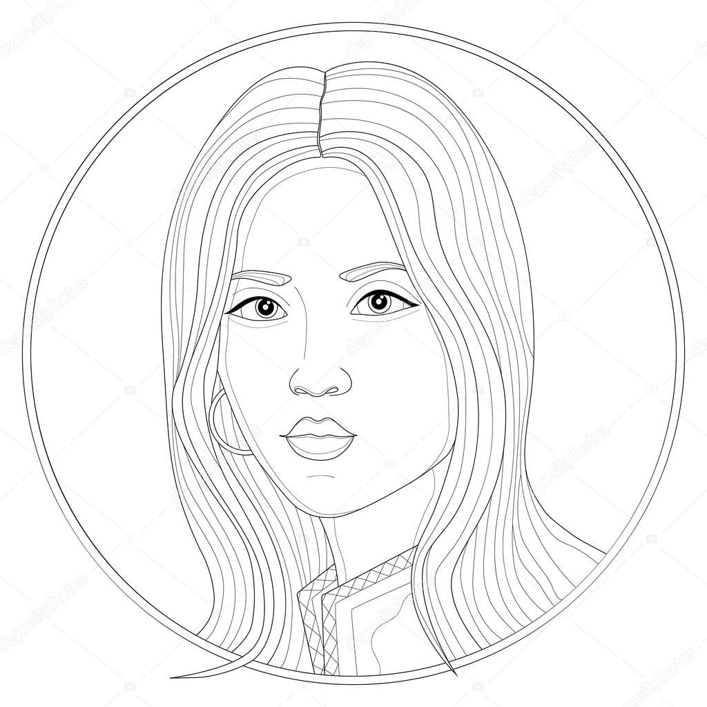 Beautiful japanese girl with long hair.Coloring book antistress for children and adults. Illustration isolated on white background.Zen-tangle style. Black and white drawing