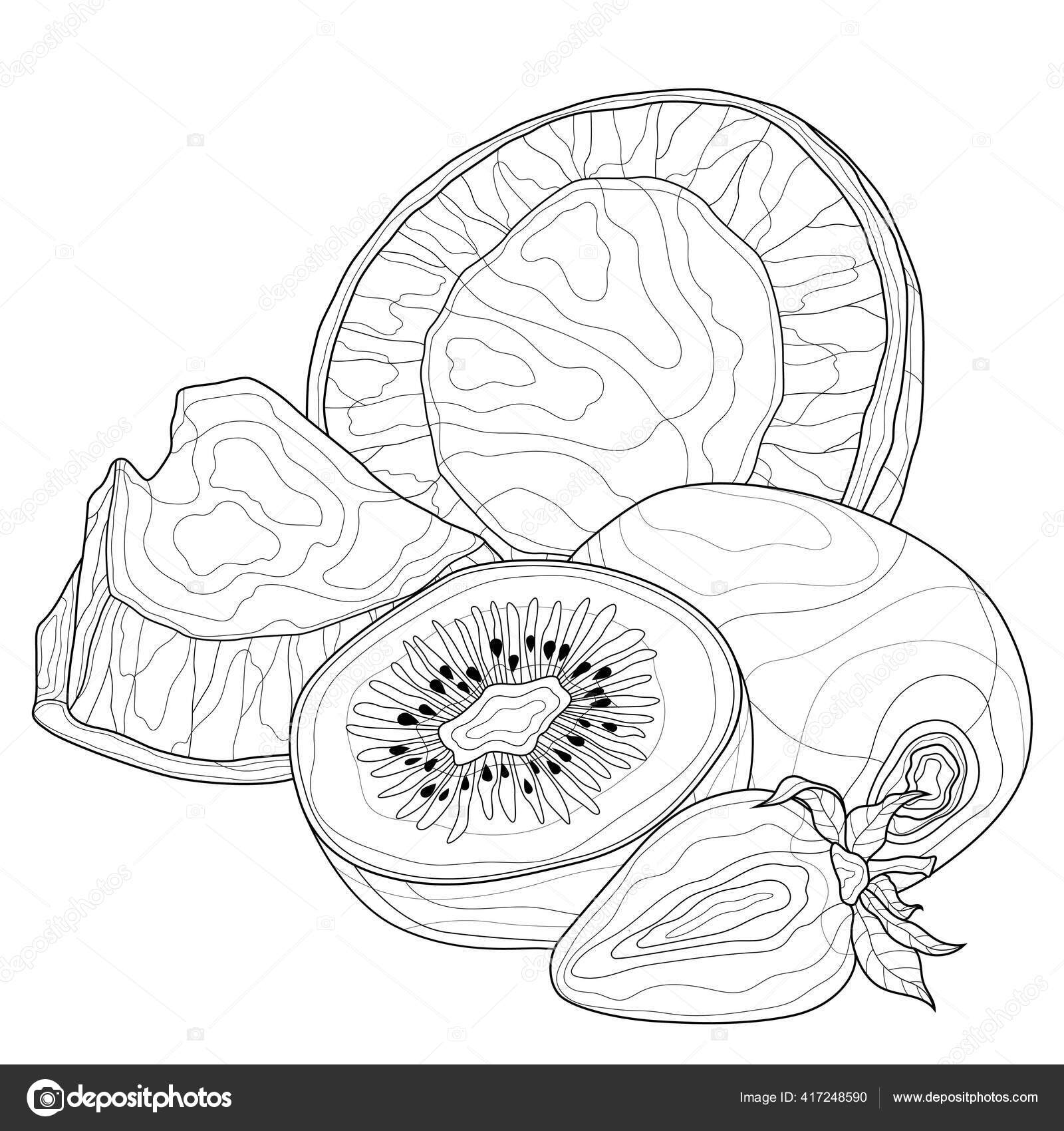 Coconut Kiwi Strawberry Fruits Coloring Book Antistress Children Adults