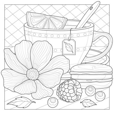 Kurabiye, çiçek ve bereyle bir fincan çay. Çocuklar ve yetişkinler için boyama kitabı antistresi. Resimler beyaz arka planda izole edildi. Siyah-beyaz çizim. Zen-karmaşa tarzı..