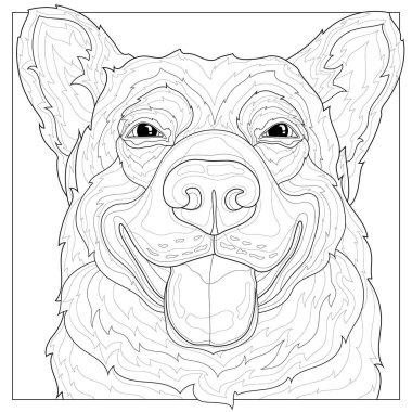 Köpek gülümsüyor. Corca. Hayvan. Çocuklar ve yetişkinler için boyama kitabı antistresi. Resimler beyaz arka planda izole edildi. Siyah-beyaz çizim. Zen-karmaşa tarzı..