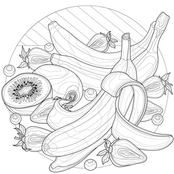 Bananer Kiwi Och Jordgubbar Fruktfärgläggning Bok Antistress För Barn Och — Stock vektor