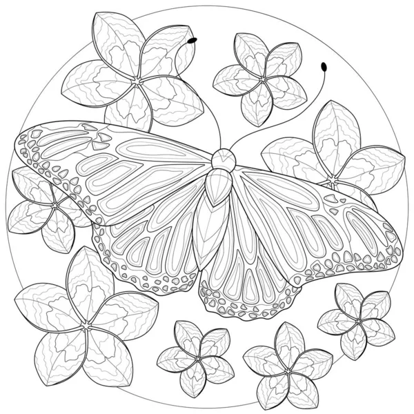 Mariposa Con Flores Alrededor Libro Para Colorear Antiestrés Para Niños — Vector de stock