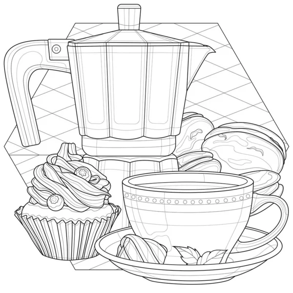 Kaffeemaschine Tasse Und Desserts Malbuch Antistress Für Kinder Und Erwachsene — Stockvektor