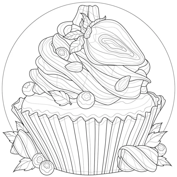 Cupcake Mit Erdbeeren Blaubeeren Marshmallows Und Mandeln Leckeres Dessert Malbuch — Stockvektor