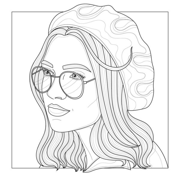 Girl in a beret and glasses.Coloring book antistress for children and adults. Zen-tangle style.Black and white drawing