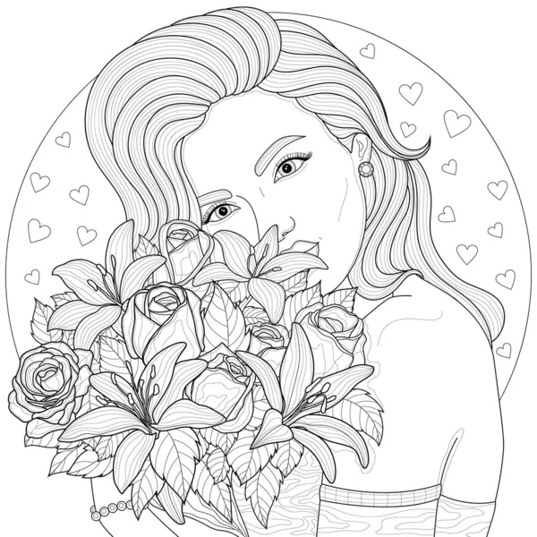 Girl Holding Bouquet Flowers Coloring Book Antistress Children Adults Illustration — Stock Vector