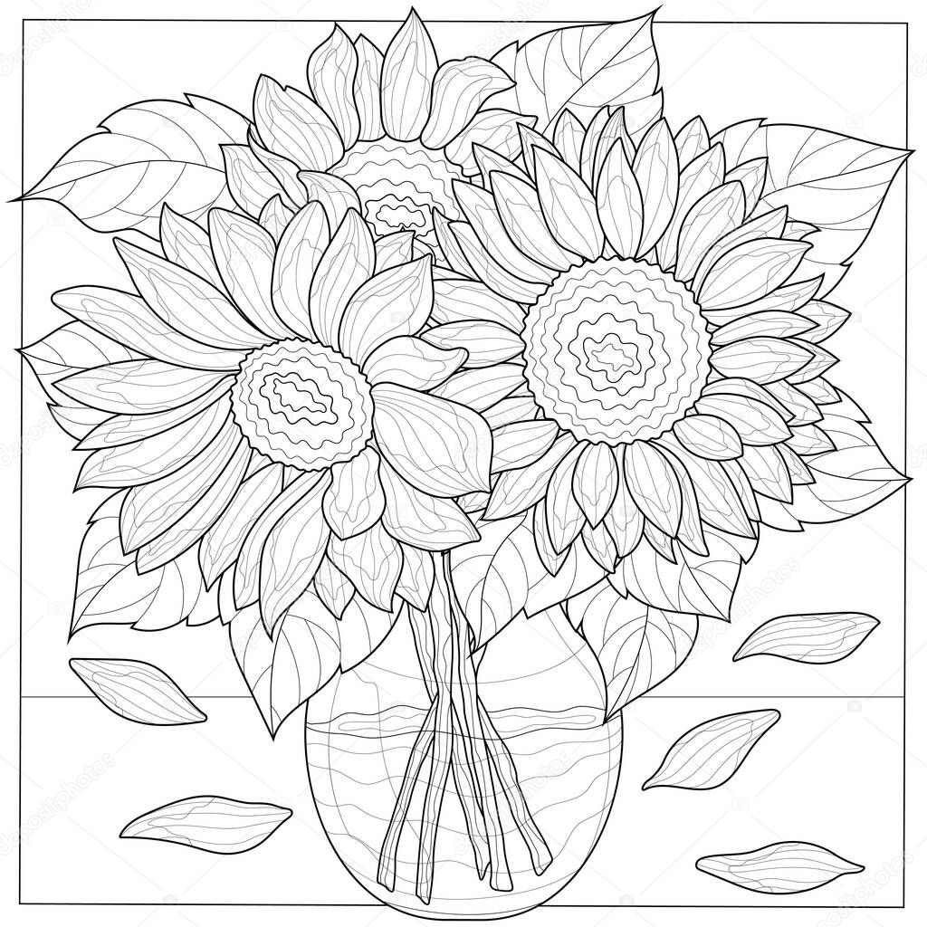 Sunflower bouquet. Flowers.Coloring book antistress for children and adults. Illustration isolated on white background.Black and white drawing.Zen-tangle style.