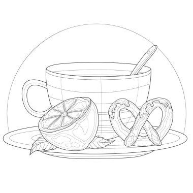 Limonlu ve krakerli çay. Çocuklar ve yetişkinler için stres önleyici boyama kitabı tasarımı. Resimler beyaz arka planda izole edilmiş. Siyah beyaz çizimler. Zentangle tarzı.