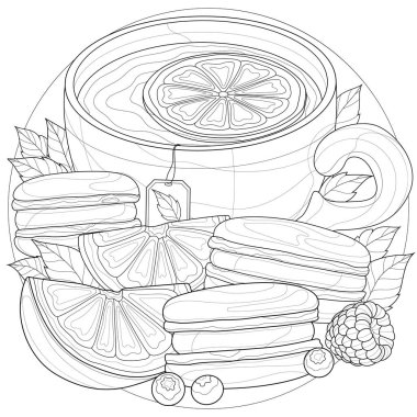 Limonlu, portakallı ve kurabiyeli çay. Çocuklar ve yetişkinler için boyama kitabı. Resimler beyaz arka planda izole edildi. Siyah-beyaz çizim. Zen-karmaşa tarzı..