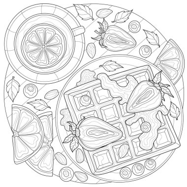 Çilekli Viyana waffle 'ı, yaban mersini, badem ve nane. Çocuklar ve yetişkinler için boyama kitabı antistresi. Resimler beyaz arka planda izole edildi. Siyah beyaz çizim. Zen-tan.