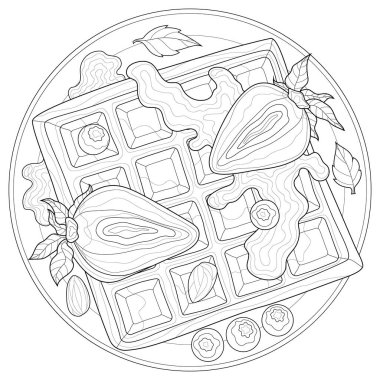 Çilekli Viyana waffle, yaban mersini, badem ve nane. Çocuklar ve yetişkinler için boyama kitabı antistresi. Resimler beyaz arka planda izole edildi. Siyah-beyaz çizim. Zen-karmaşa tarzı..