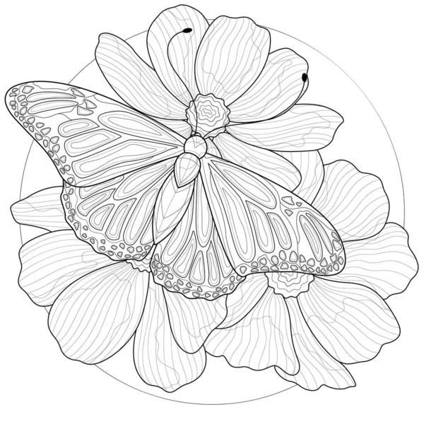 Una Mariposa Sentada Una Flor Libro Para Colorear Antiestrés Para — Vector de stock