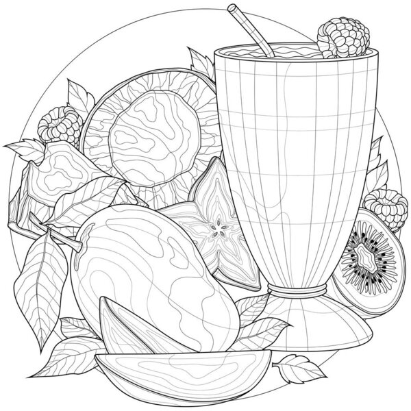 Cocktail with mango, coconut,carom fruit, kiwi and raspberry. Delicious dessert.Coloring book antistress for children and adults. Illustration isolated on white background.Zen-tangle style.