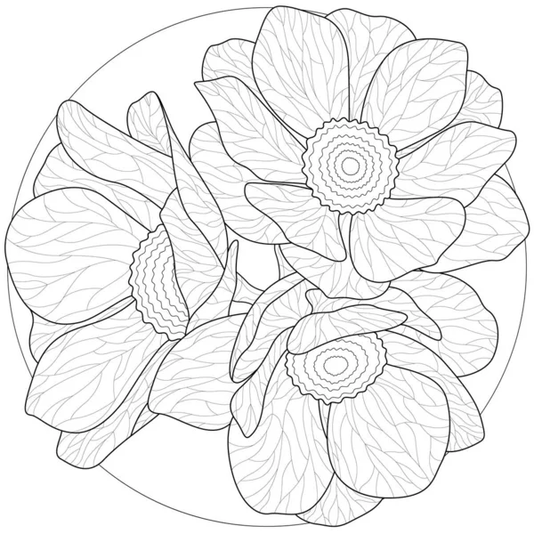 Beautiful Flowers Coloring Book Antistress Children Adults Zen Tangle Style — Stock Vector