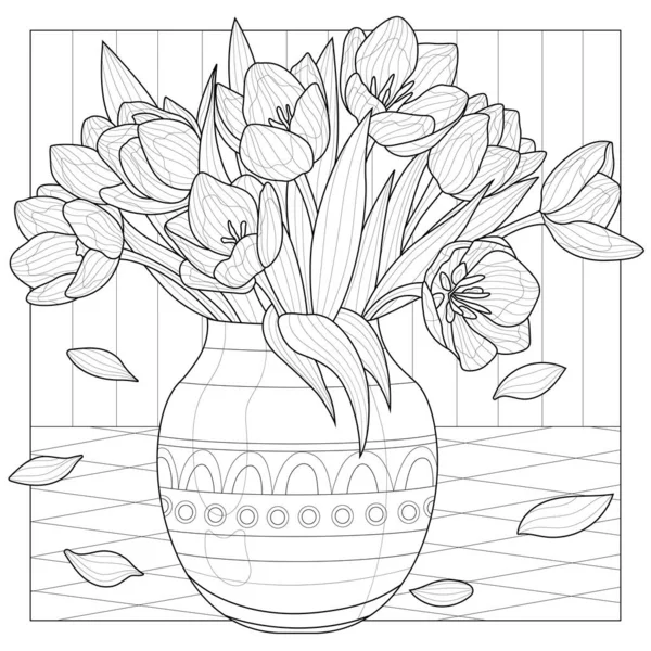 花瓶にチューリップの花束 子供や大人のための着色本の抗ストレス 白を基調としたイラスト 黒と白のドローイング — ストックベクタ