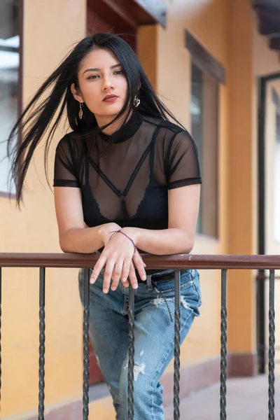 Молодая Латиноамериканка Ветром Длинных Черных Волосах Стоящая Перилах Прозрачной Блузке — стоковое фото