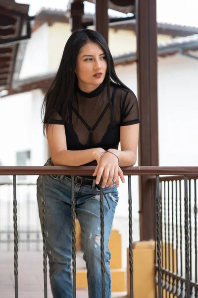 年轻的拉丁女人 黑头发 站在扶手上 穿着透明的衬衫 牛仔裤 阳光灿烂的一天 — 图库照片