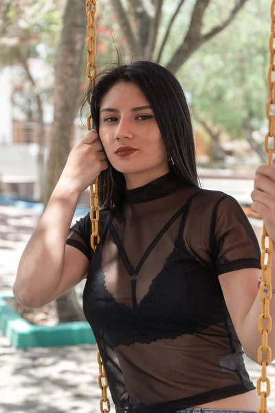 Young Latin Woman Long Black Hair Happy Sitting Swing Wearing — Stock Photo, Image