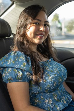 Bir arabanın içinde, kısa saçlı, sıradan bluzlu, hayat tarzı ve doğal güzelliği olan, yolcu koltuğunda güneş ışığı olan güzel genç bir kadın.