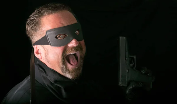 Masked Man Holds Gun Knife While Smiling You — Stock Photo, Image