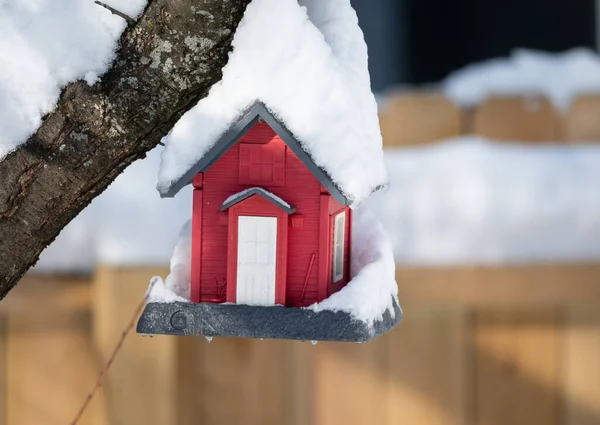 Vogelhaus Wurde Mit Neuschnee Bedeckt — Stockfoto