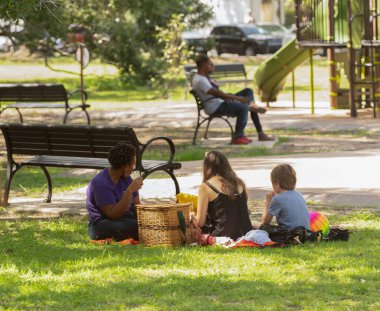 Bilinmeyen aile parkta piknikte birlikte vakit geçirir.