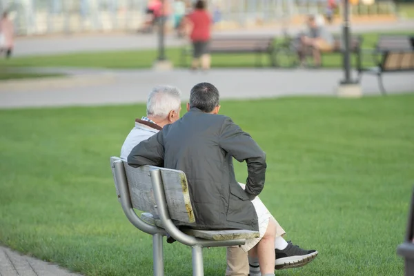 Unknown Men Watching Activity Park Bench — Stock Photo, Image