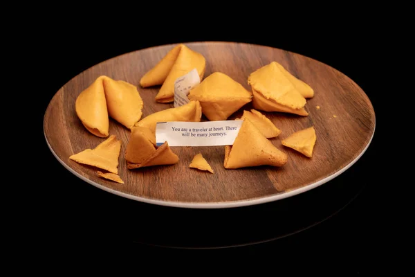 Crisp Sugary Fortune Cookies Wooden Brown Plate Isolated Black — Stock Photo, Image