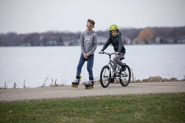 Harrison Township, Michigan, USA - April 6 2020: Michigan Metro Park activity during the Covid-19, Corona Virus.