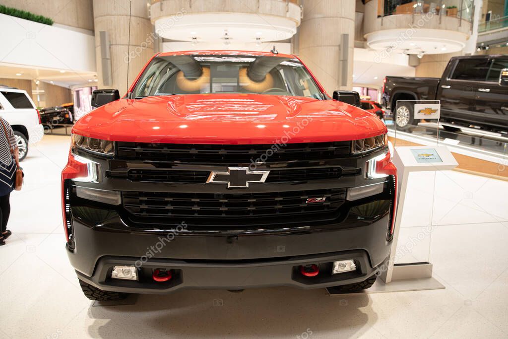 Detroit, Michigan, USA - 06.29.2019: General Motors 2019 vehicles and Chevrolet vehicles currently on display at GM world headquarters.