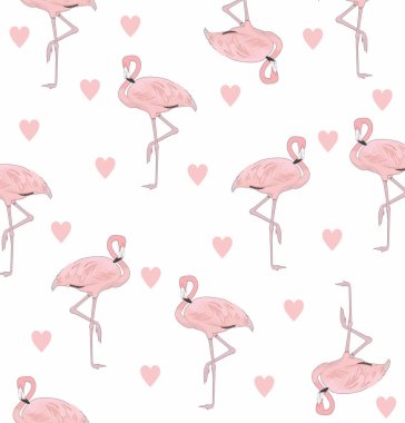 Flamingo seamless modeli. Beyaz arka plan üzerinde yürekleri şirin Flamingo