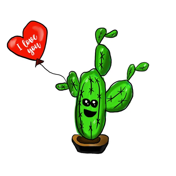 Cartoon cactus with heart i love you isolated on the white background