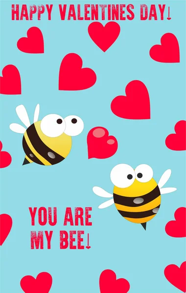 Cute Valentines day card with funny cartoon bees on blue background with red hearts
