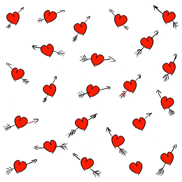 結婚式 バレンタインの日 女の子らしいロマンチックな繊維 包装紙 招待状の背景のデザインを実行します 赤と黒の心 矢印の図 手描きスケッチ スタイル — ストック写真