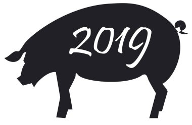 Siyah ve beyaz domuz 2019 numarasıyla kroki. Yaratıcı tebrik kartı tasarımı, el ilanları, davet, afiş, broşür, afiş, takvim için kullanılabilir.