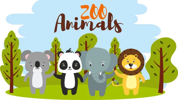 Set of cute zoo cartoon animal on the background with blue sky a — Stock Photo, Image