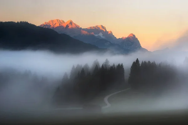秋の朝の間に館内マウンテン ビュー 曇り空と美しい湖の近くに霧の森 バイエルン アルプス ババリア ドイツ — ストック写真
