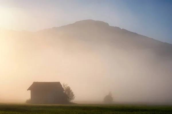 小屋の詳細 バイエルンアルプス バイエルン ドイツの美しい日の出と秋の日の間に霧の森 — ストック写真