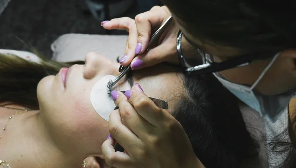 Procedimento Extensão Das Pestanas Olho Mulher Com Pestanas Longas Pestanas — Fotografia de Stock