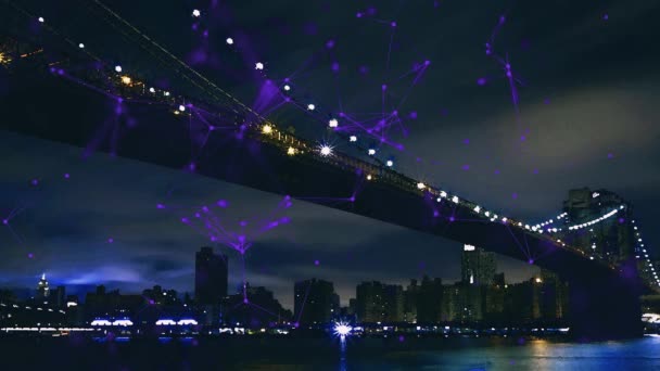 Cidade Nocturna Movendo Redes Conectadas Ponte Sobre Rio Efeito Dupla — Vídeo de Stock
