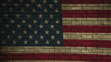 Duvara Amerikan bayrağı asılmış. Tuğla duvar Arkaplan dokusu