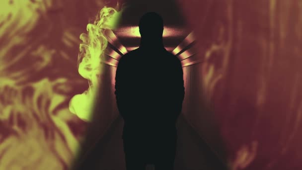 廊下の男のシルエット 緑の煙が動く 赤いネオン Cinemgraph — ストック動画