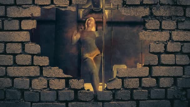 Девушка Танцует Шесте Вид Через Щель Стене Эффект Двойного Воздействия — стоковое видео