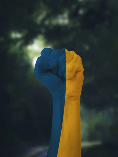 手はウクライナの国旗の色で描かれている 森の風景 ぼやけた背景 ロイヤリティフリーのストック写真